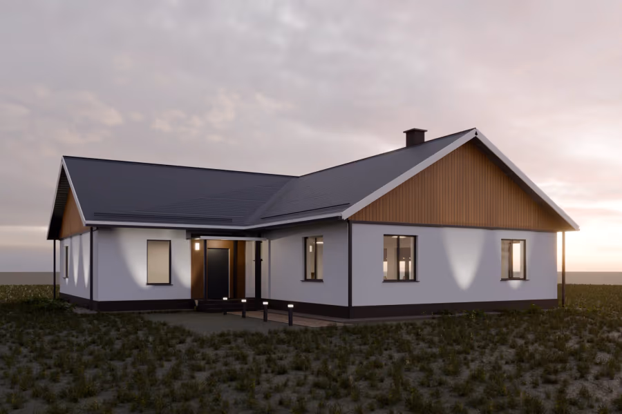 Терраса-222: вид с главного фасада, Г-образный контур 16,95 × 15,9 м